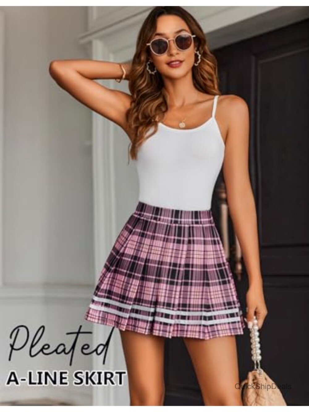 Pleated Mini Skirt High Waist A-Line School Uniform Cheer Skirt - Picture 3 of 6
